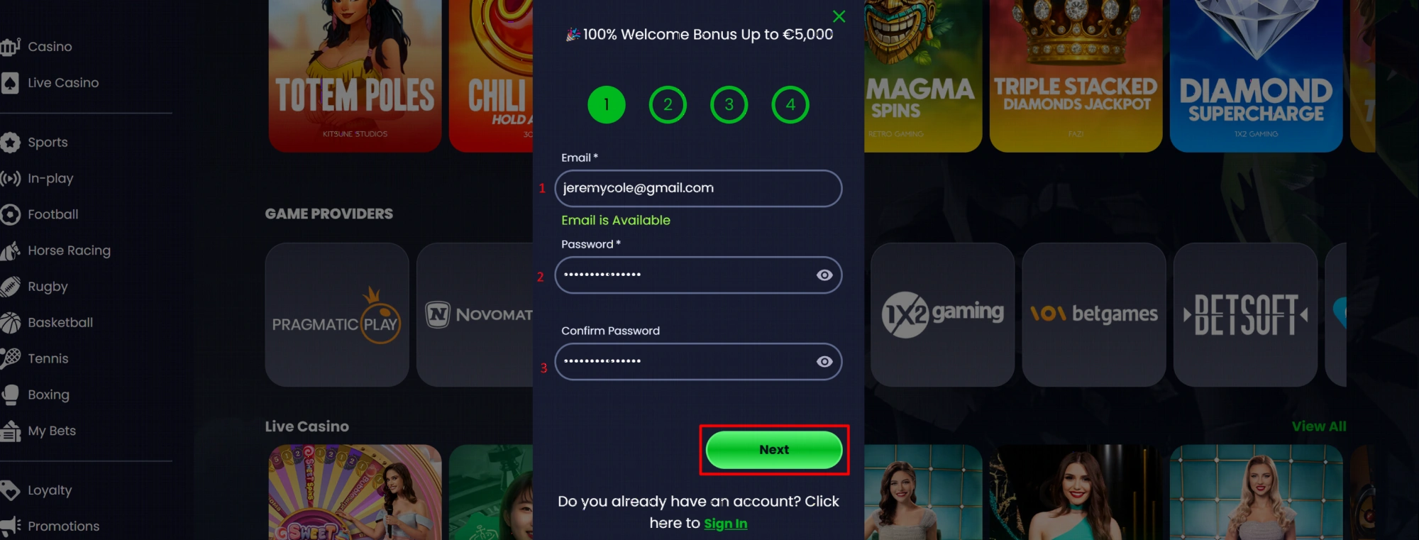 WreckBet registration interface